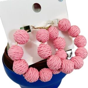 Beautiful & Colorful Pink Beaded Design Large Hoop Fashion Earrings 2"